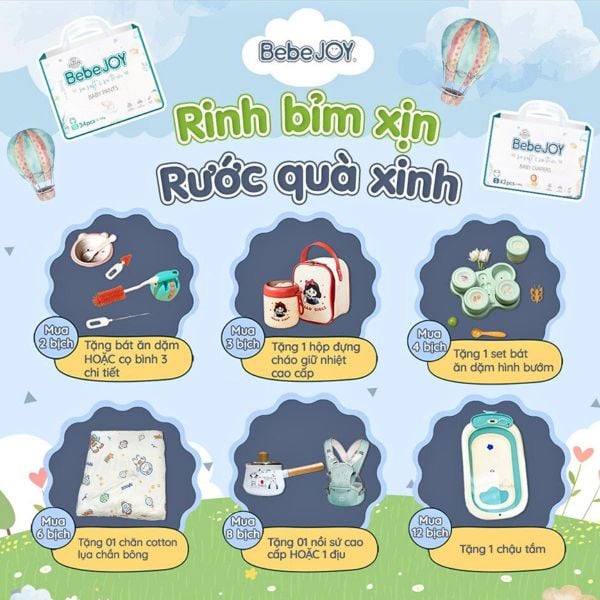 Tã/bỉm BEBEJOY cho bé đủ size NB,S,M,L,XL,XXL mền mại, thấm hút tốt