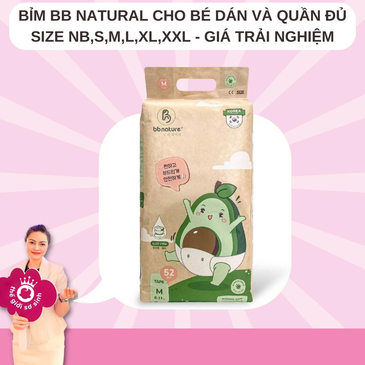  (Giá trải nghiệm)Tã/ Bỉm BB Natural dán và quần đủ size NB, S, M, L, XL, XXL cho bé 