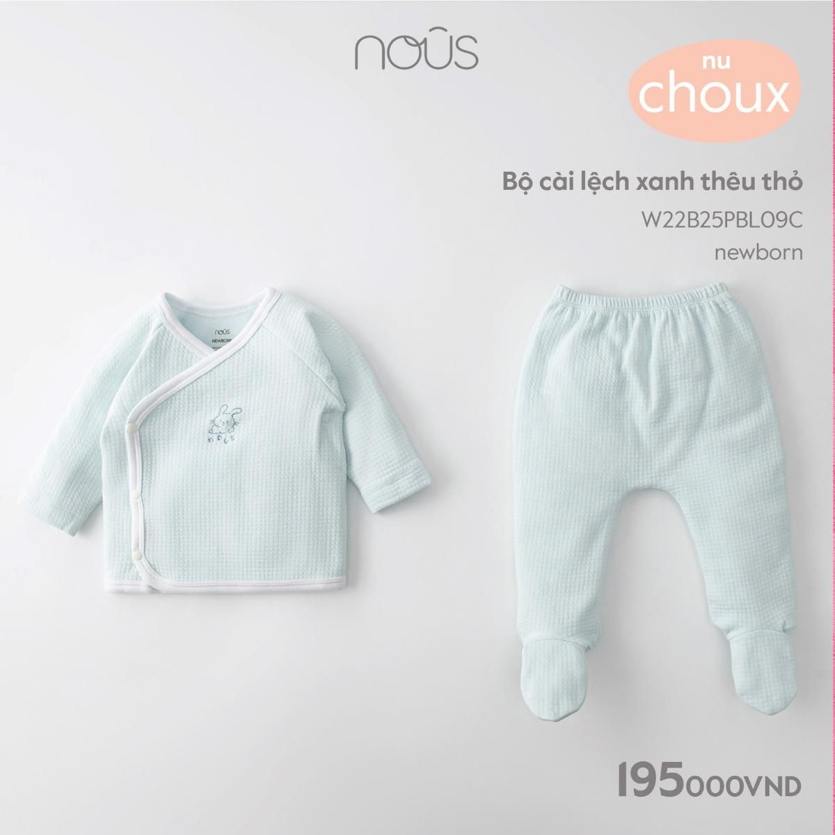  Nous Bộ set cài lệch dài tay thêu thỏ size New Born (0-3m) 