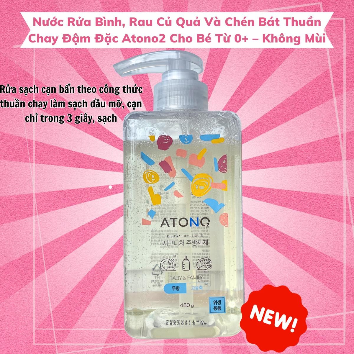  Atono2 Nước Rửa Bình, Rau Củ Và Chén Bát Thuần Chay Đậm Đặc Cho Bé Từ 0+m/ Không Mùi 480g 