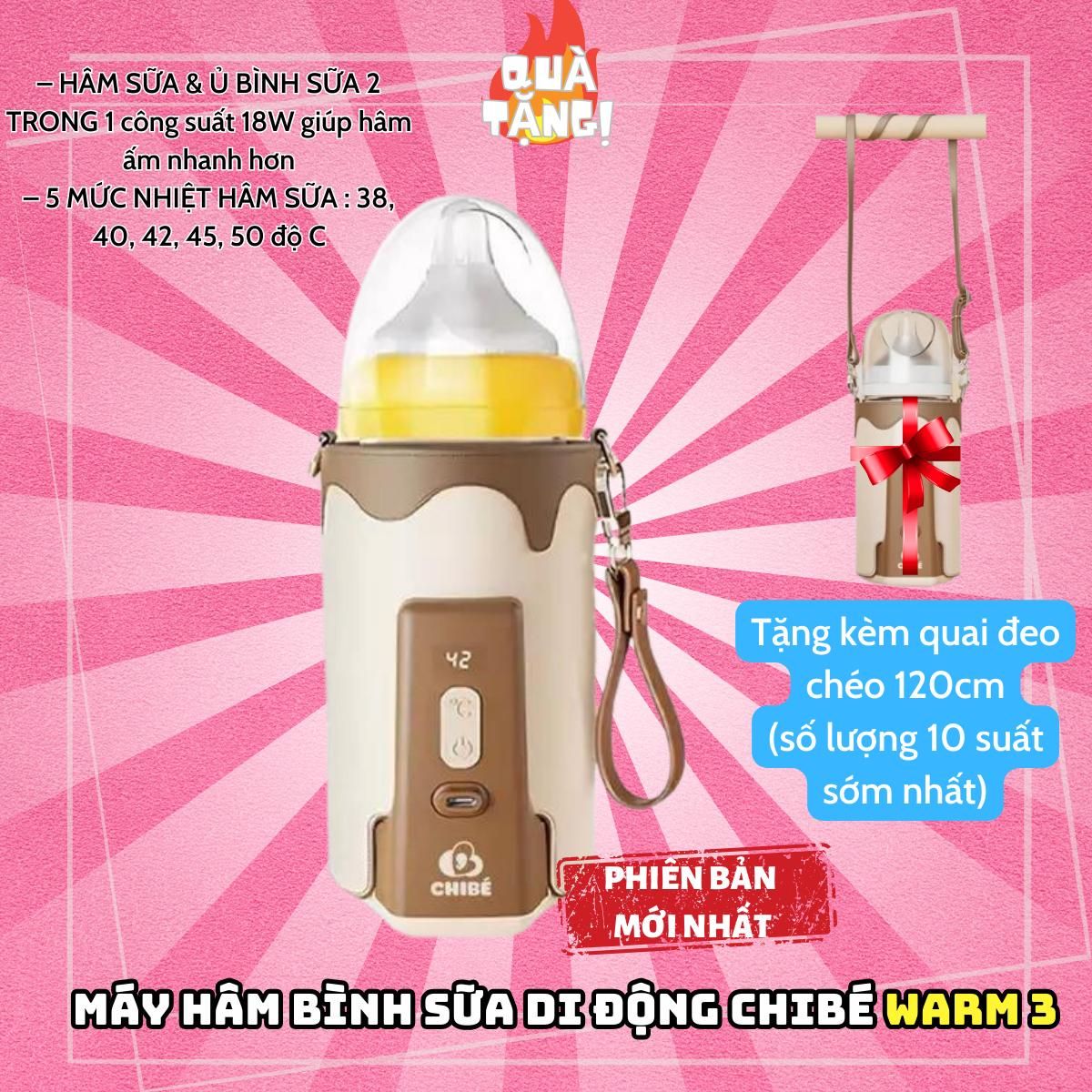  (Tặng dây đeo trên live) Máy Hâm Sữa Di Động Chibe WARM 3- bảo hành 18 tháng 