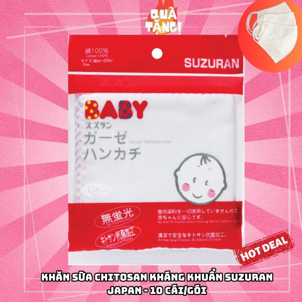 (Tặng 1 khẩu trang xô) Khăn Sữa Kháng Khuẩn Chitosan Suzuran 10 cái/ set (goi) - Dùng ngay Cho Bé