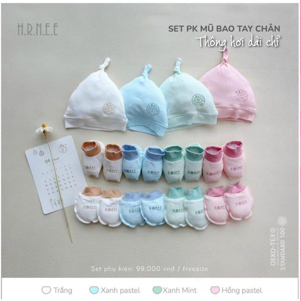 Hrnee Set PK Mũ Bao Tay Chân Thông Hơi Dải Chỉ cho be sơ sinh Cho Bé