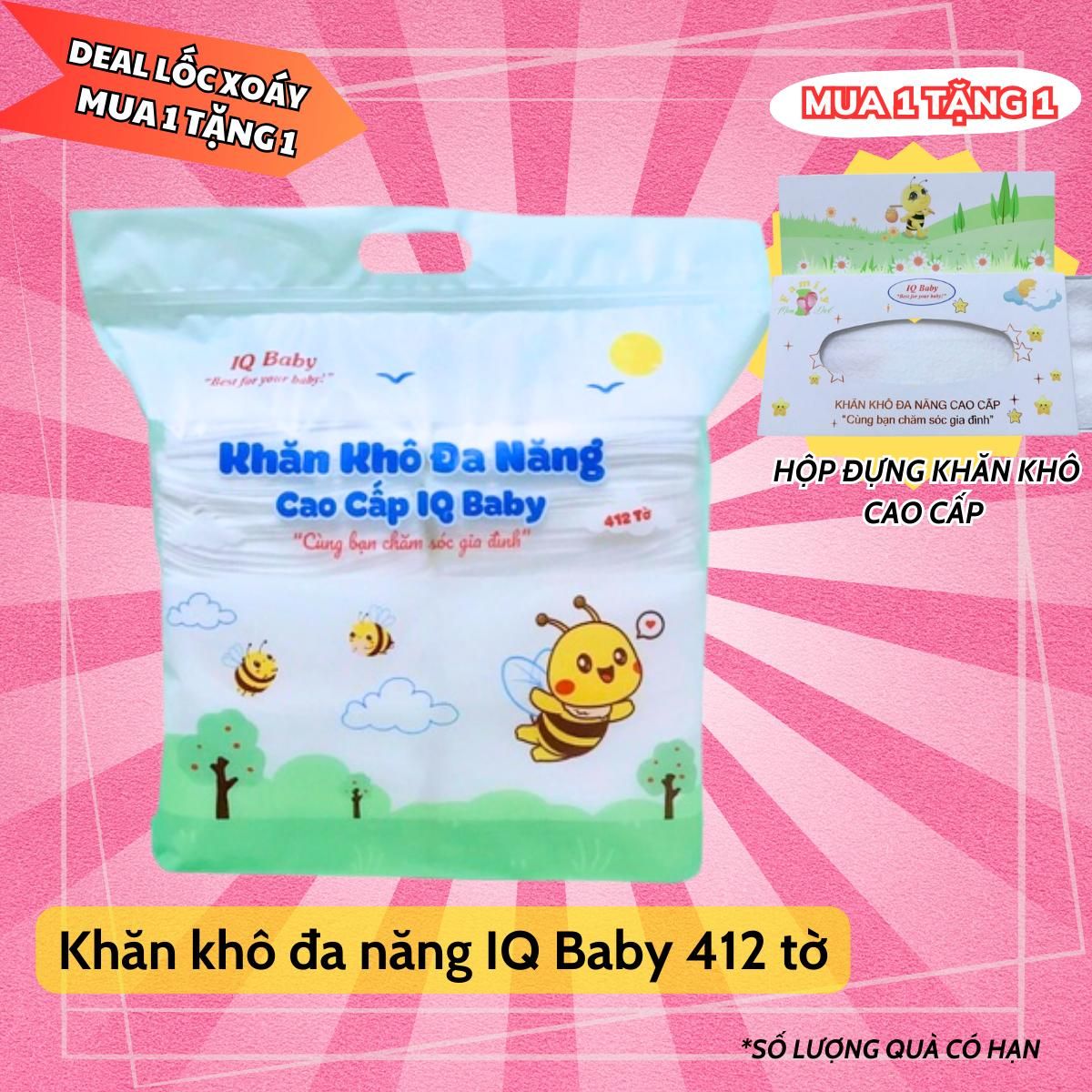  (Tặng hộp chứa khăn) Khăn vải khô đa năng IQ BABY cao cấp 412 tờ Kem 