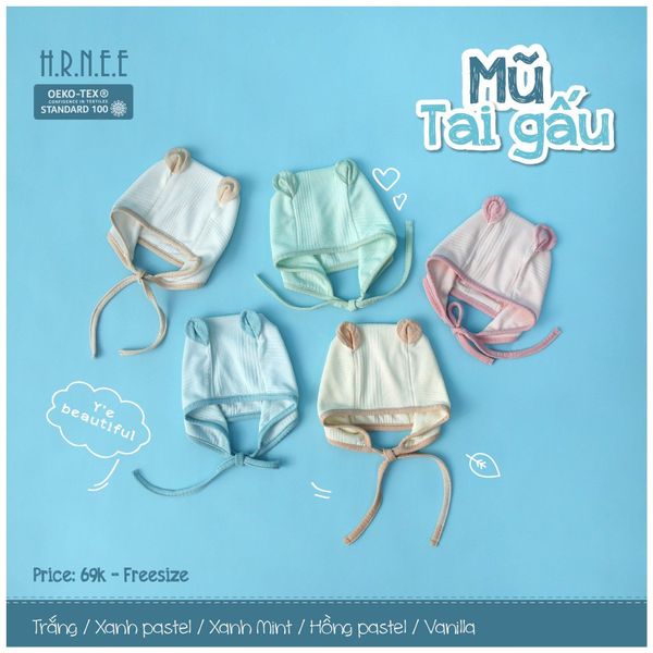 Mũ Hrnee tai gấu modal Organic freesize cho bé từ 0-6m