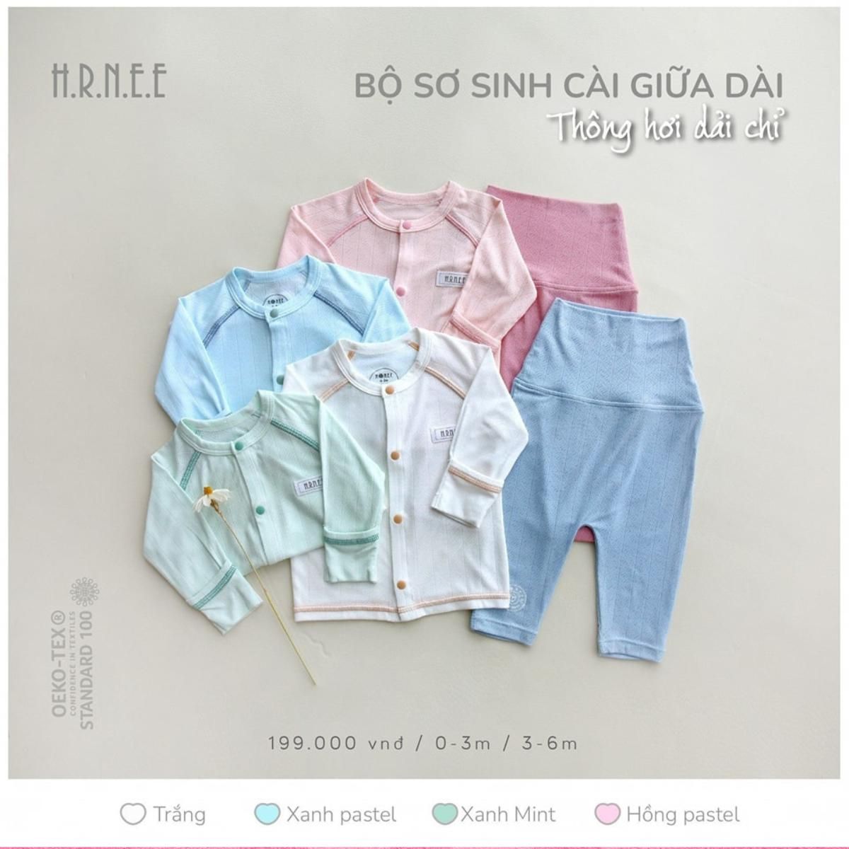  Hrnee Bộ sơ sinh cho bé cài GIỮA dài thông hơi dải chỉ / đủ size 0-6M 