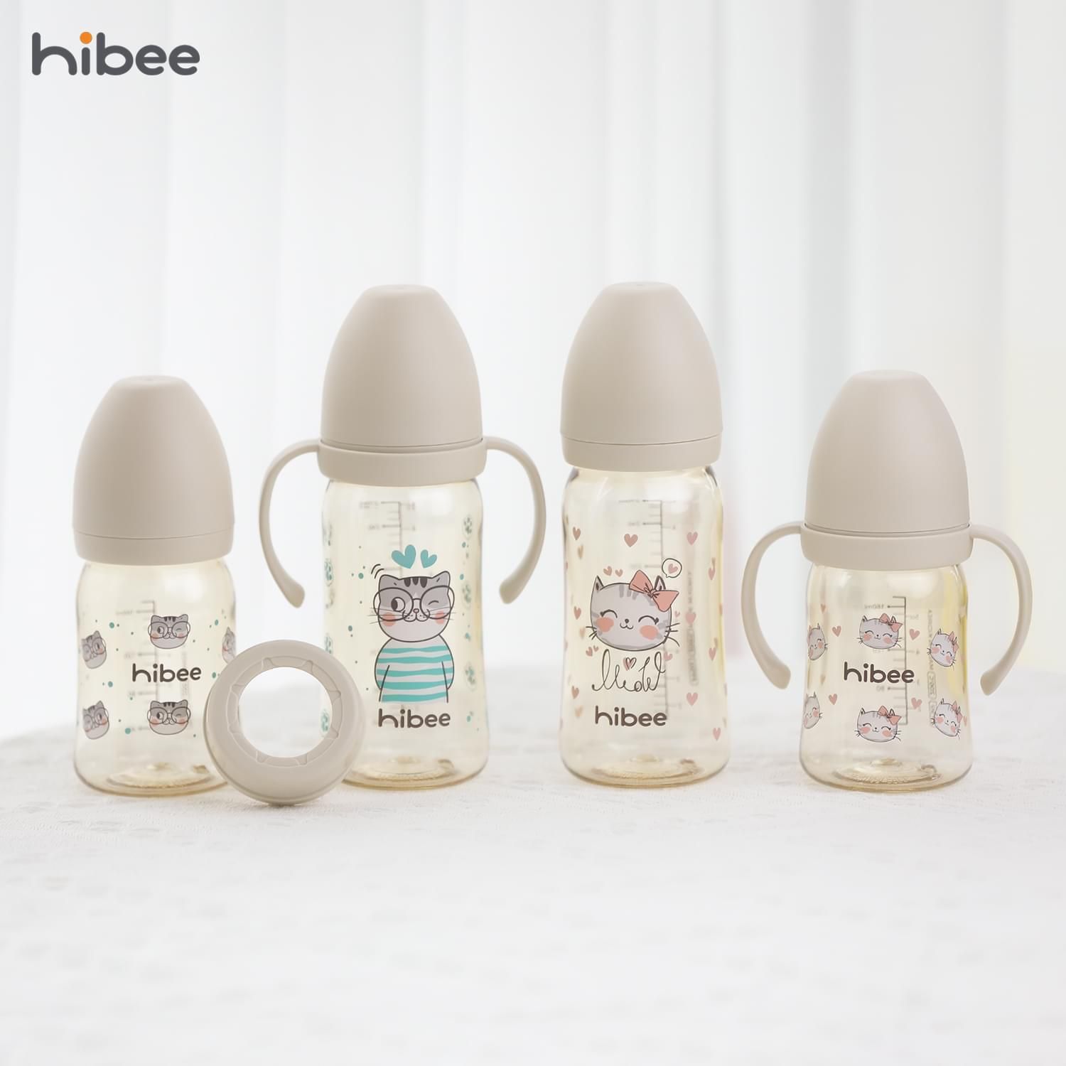  Bình sữa Hi bee họa tiết Mèo 170ml/270ml tặng kèm tay cầm 