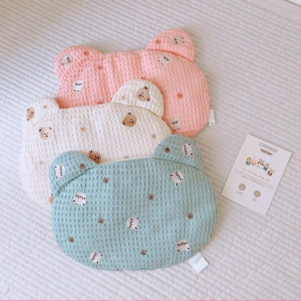 Monona Gối Nằm Tai Gấu thêu vải waffle cho bé sơ sinh thoáng khí, mền mại