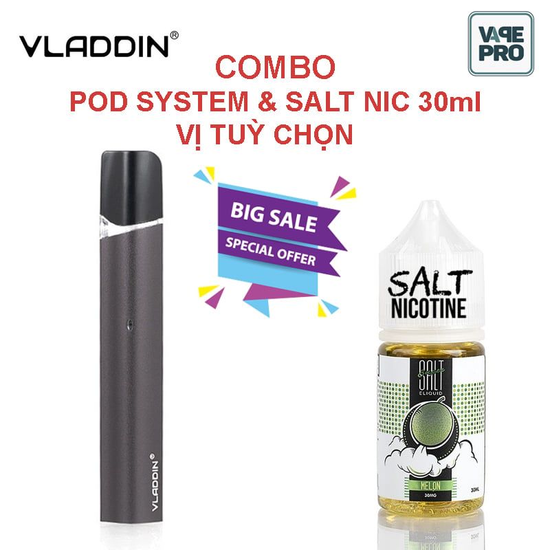 COMBO POD VLADDIN RE POD SYSTEM & SALT NIC 30ML VỊ TUỲ CHỌN