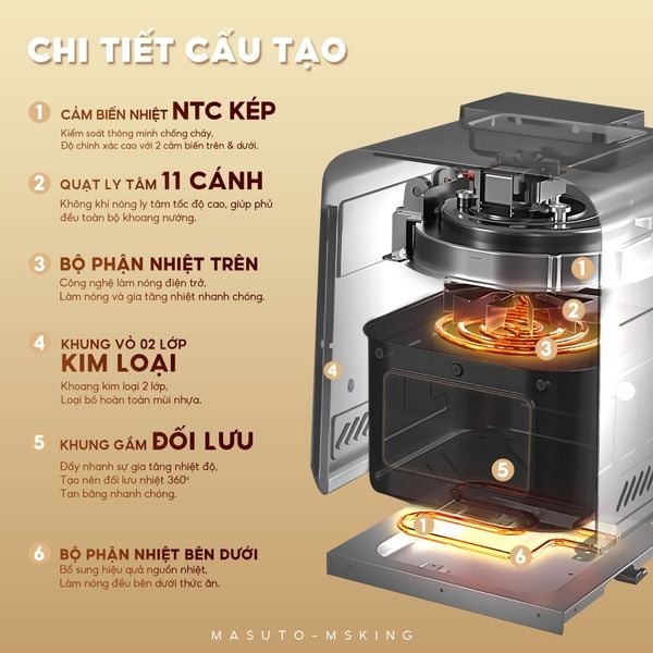 Nồi chiên không dầu phun sương Masuto MSKing 6L - 2 tầng đốt không cần trở lật