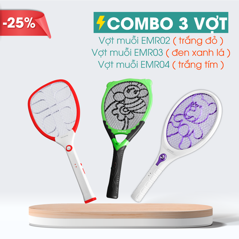 Combo 3 Vợt muỗi Điện Quang ĐQ EMR02 WR ( Trắng - đỏ ), EMR03 BLG (  Đen - xanh lá ) và EMR04 WP ( Trắng - tím )