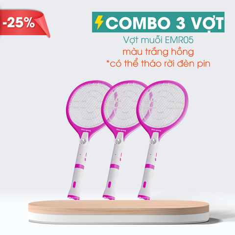 Combo 3 Bộ vợt muỗi Điện Quang ĐQ EMR05L WPI ( Trắng - hồng )