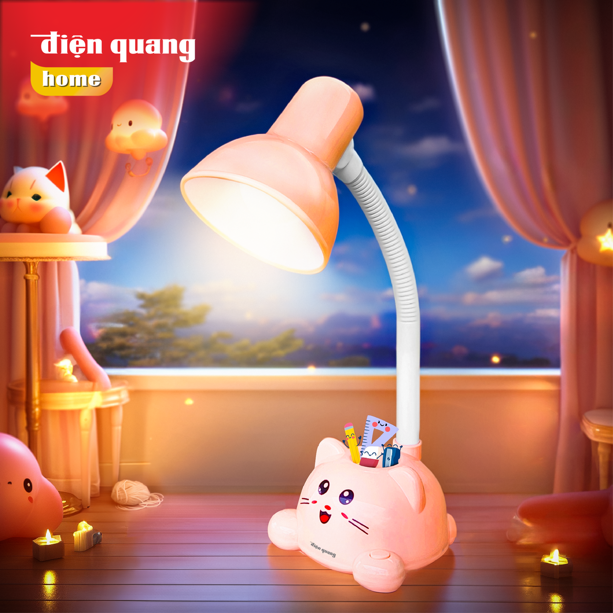Đèn học để bàn chống cận hình con Mèo ĐQ DKL19 có hộp cắm bút (Cắm điện trực tiếp)