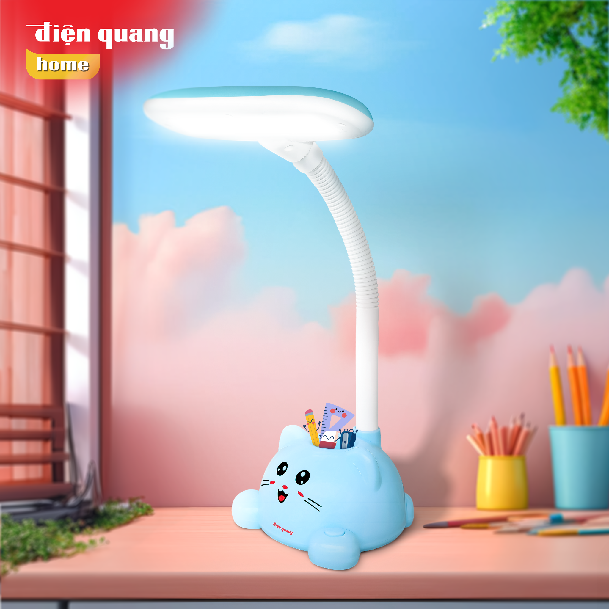 Đèn bàn học chống cận ĐQ LDL18 5 B (Cắm điện trực tiếp, Mèo Xinh, Hộp Cắm Bút, Xanh)
