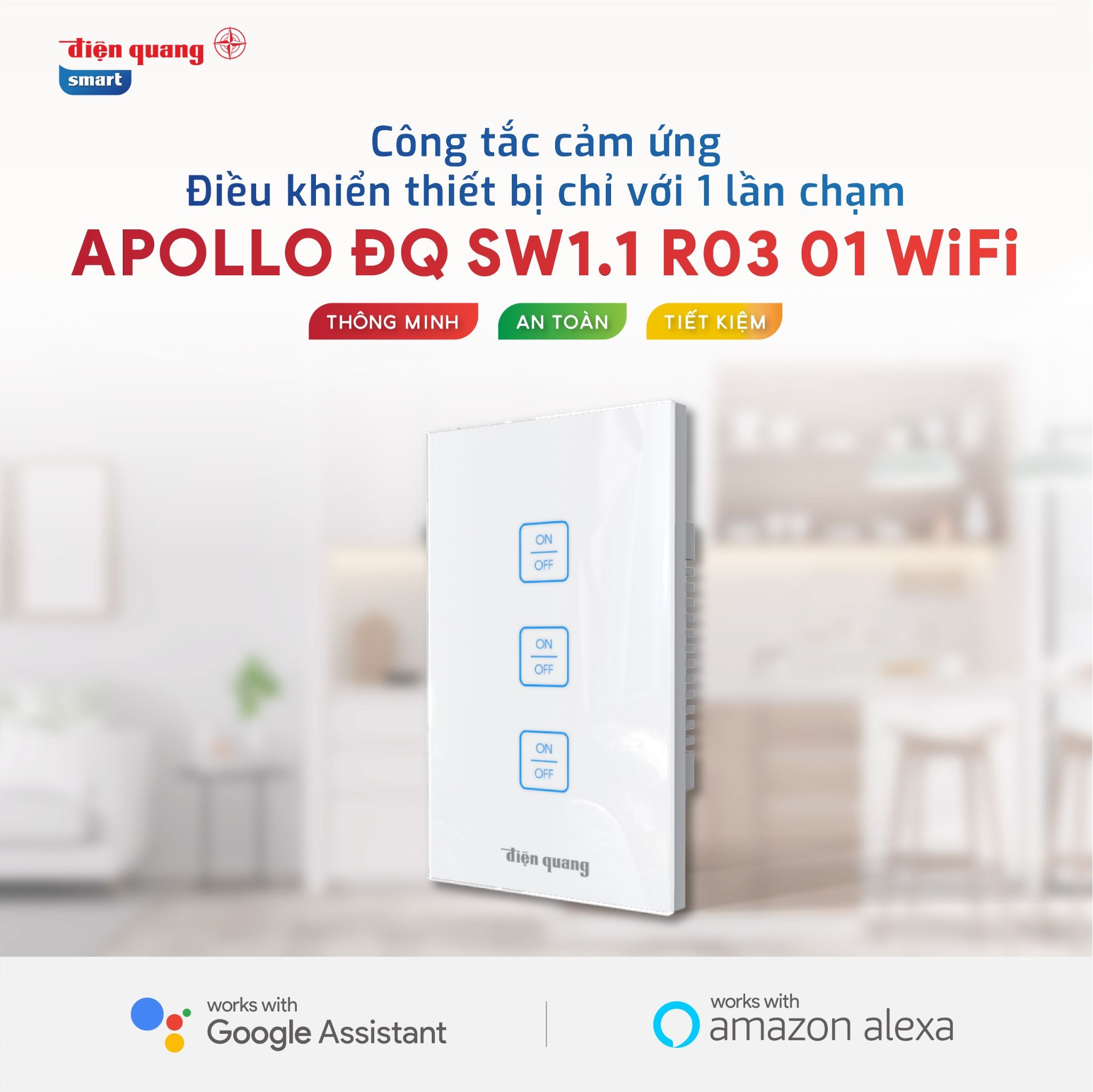 Với kết nối Wifi thông minh, bạn có thể điều khiển công tắc một cách dễ dàng bằng ứng dụng điện thoại. Apollo Điện Quang Shop luôn cam kết đem đến sản phẩm chất lượng và hiệu suất hoạt động ổn định cho khách hàng.