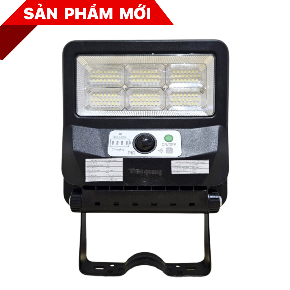 Bộ Đèn Led Solar Lối Đi Cảm Biến Năng Lượng Mặt Trời  Ánh Sáng Trắng ECO SCD01 50W 6500K (550lm, cảm biến PIR, IP65, tấm pin tích hợp)