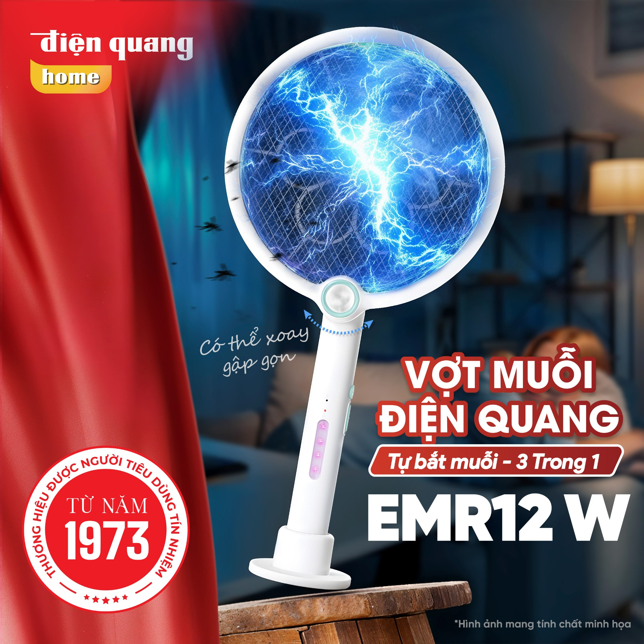 Sản phẩm mới Vợt Muỗi Tự Bắt Muỗi ĐQ EMR12 W (Gấp Gọn 3 Trong 1, Pin Lithium, Màu Trắng)