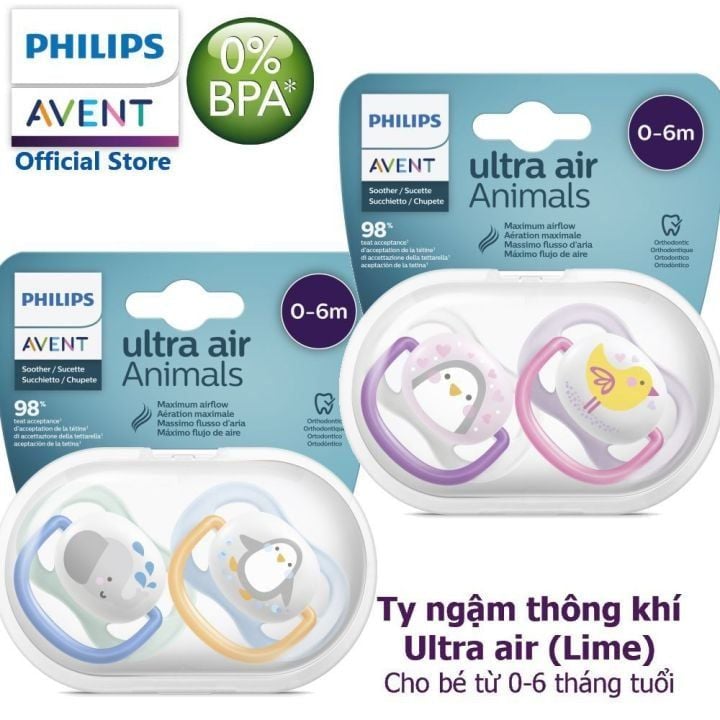  Set 2 Ti Giả Philips Avent Thông Khí Ultra Air Animal 0-6 Tháng 