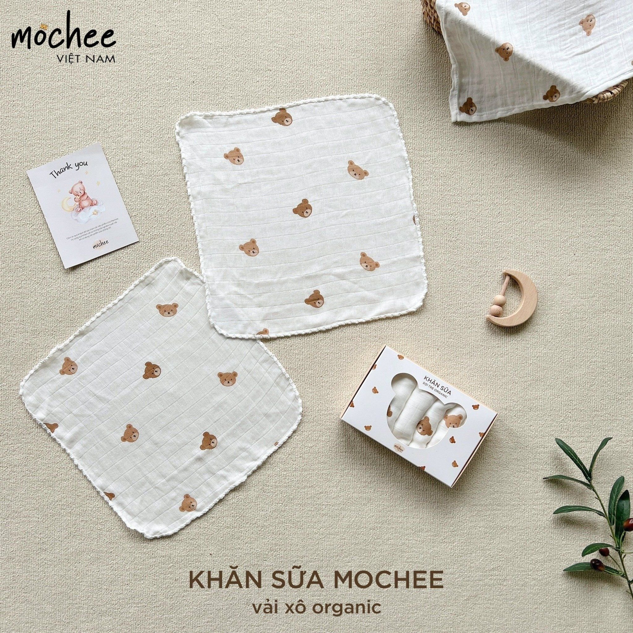  Hộp 6 khăn sữa sợi tre Mochee 30 x 30 cm - Họa Tiết Mặt Gấu 
