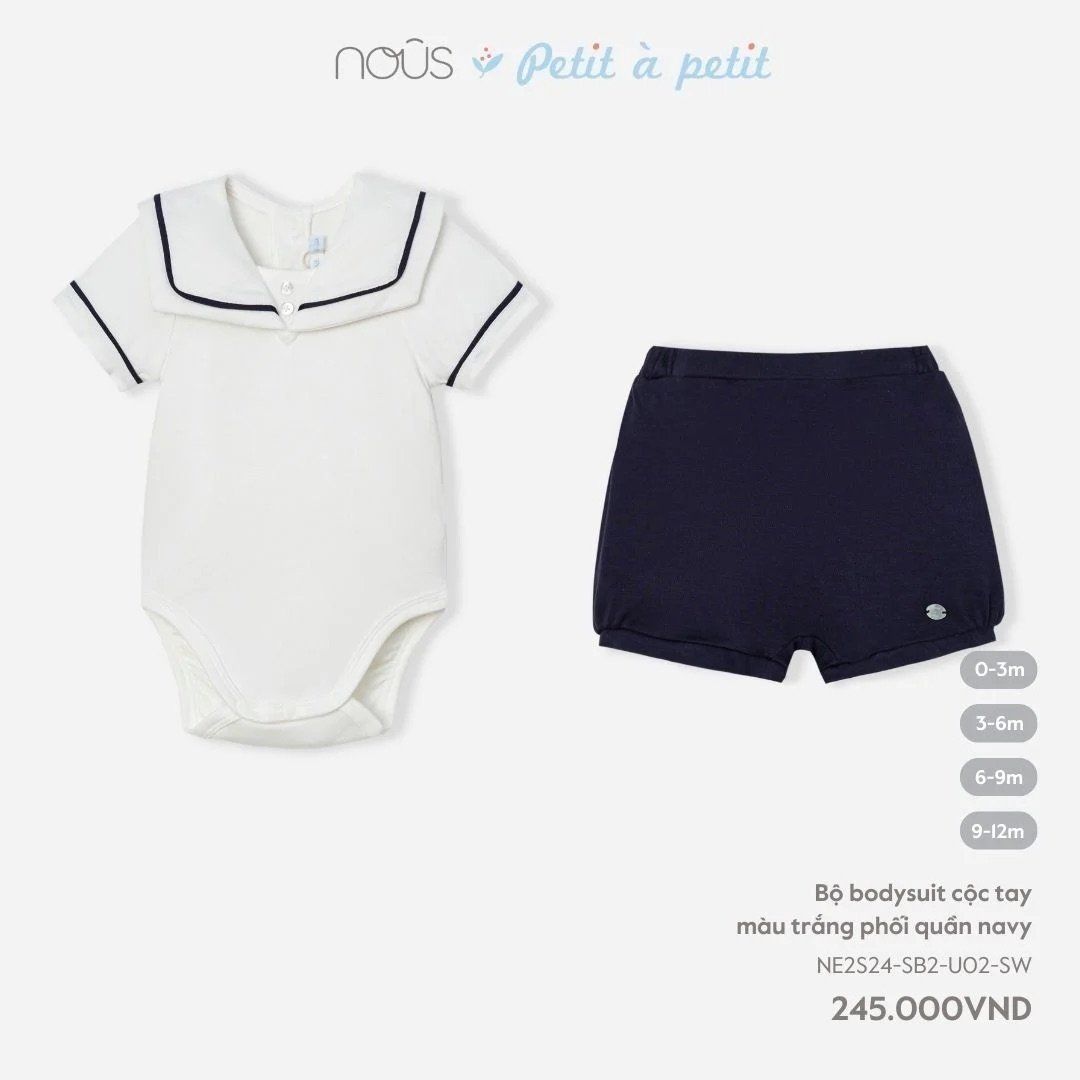  Bodysuit Tay Ngắn Nous Bé Trai Màu Trắng Phối Quần Xanh Navy 