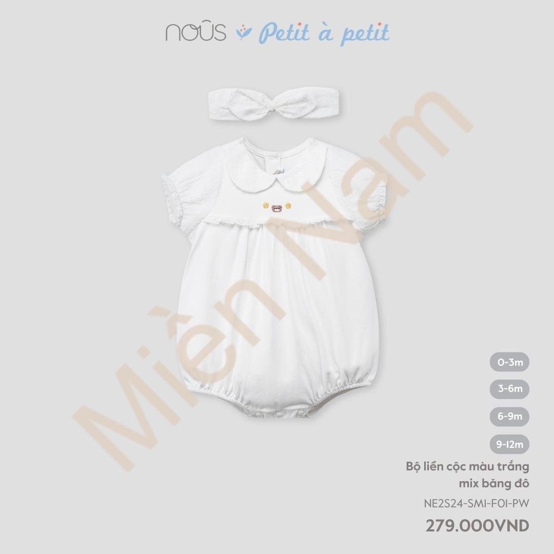  Bodysuit Tay Ngắn Nous Trắng Thêu Gấu Nhỏ Mix Băng Đô 