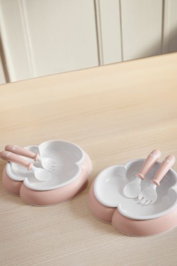  Set 2 Bộ Đĩa, Thìa, Dĩa Ăn Dặm Baby Bjorn - Màu Powder Pink 