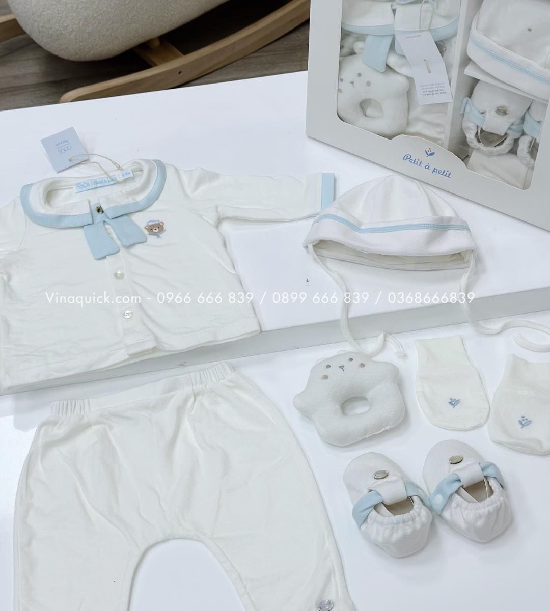  Set Quà Tặng Nous 5 Món Bé Trai Thêu Gấu Màu Trắng Phối Xanh Nhạt - Newborn 