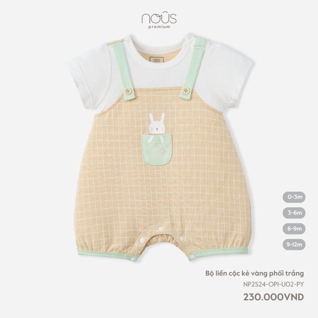  Bodysuit Tay Ngắn Nous Yếm Kẻ Caro Vàng Trắng Thêu Thỏ 