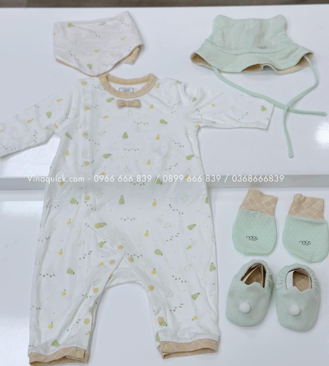  Set Quà Tặng Nous 5 Món Tay Dài Trắng Phối Xanh Đính Nơ Vàng - Newborn 