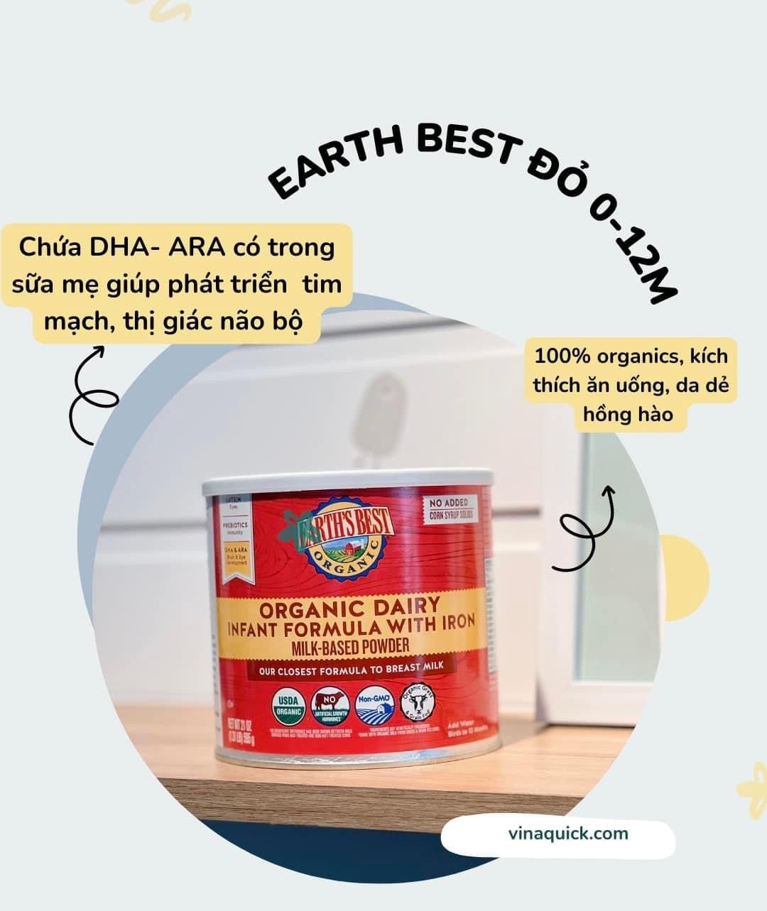  Sữa Earth's Best Organic Dairy Infant Powder Formula with Iron, Omega-3 DHA and Omega-6 ARA, 0-12 tháng, hộp 595g 