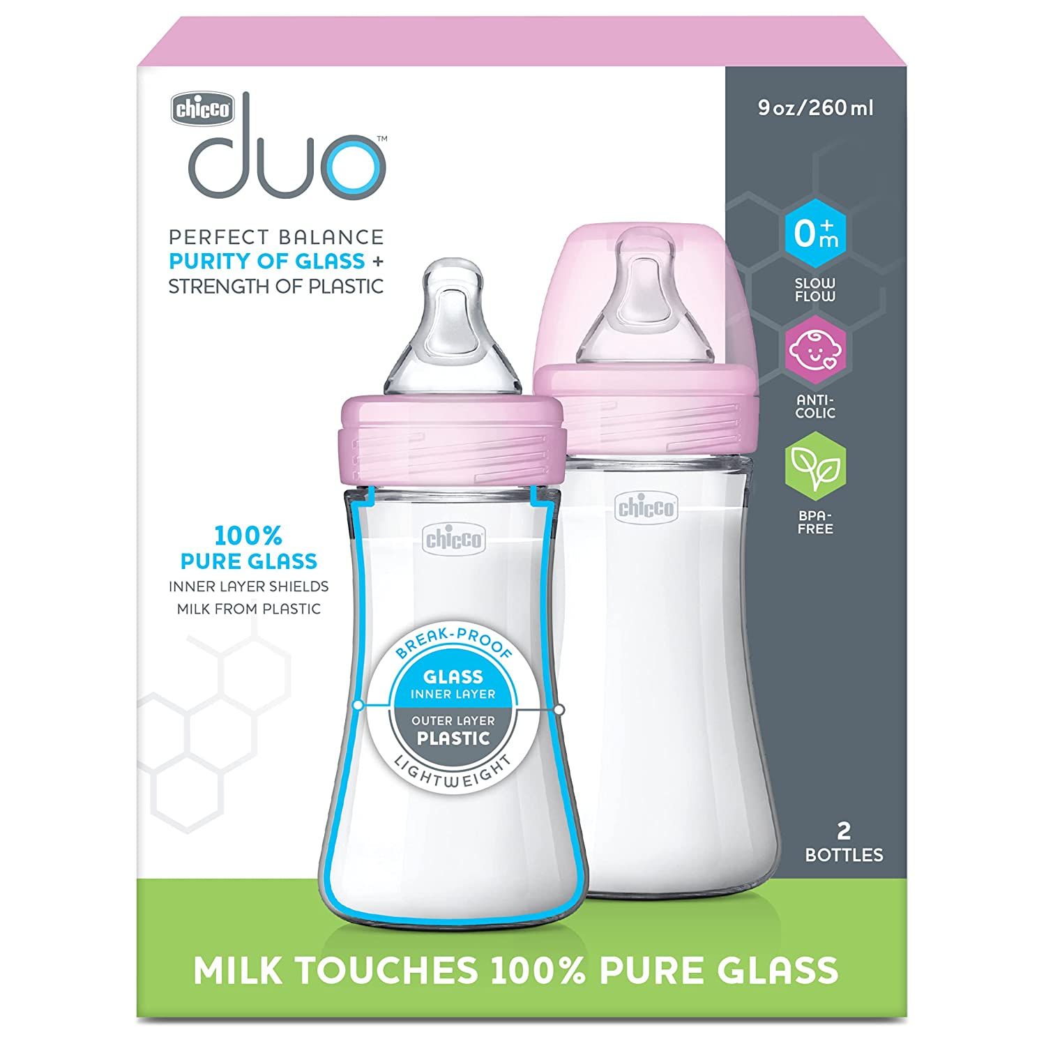  Set bình sữa Chicco Duo thiết kế cải tiến 2 lớp thuỷ tinh và nhựa 260ml - Màu xám 