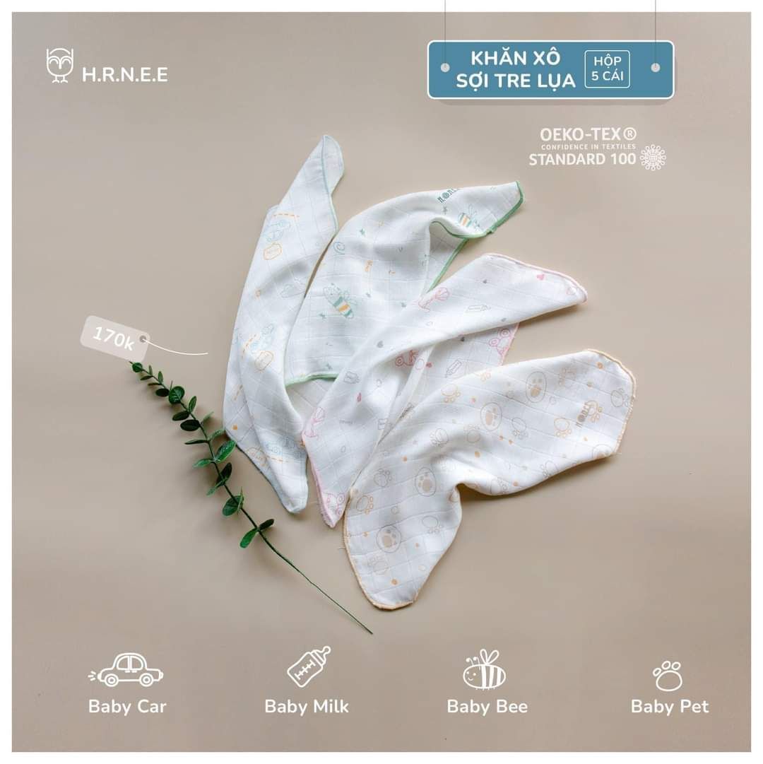 Hộp 5 khăn sữa sợi tre lụa Hrnee 30 x 30 cm 