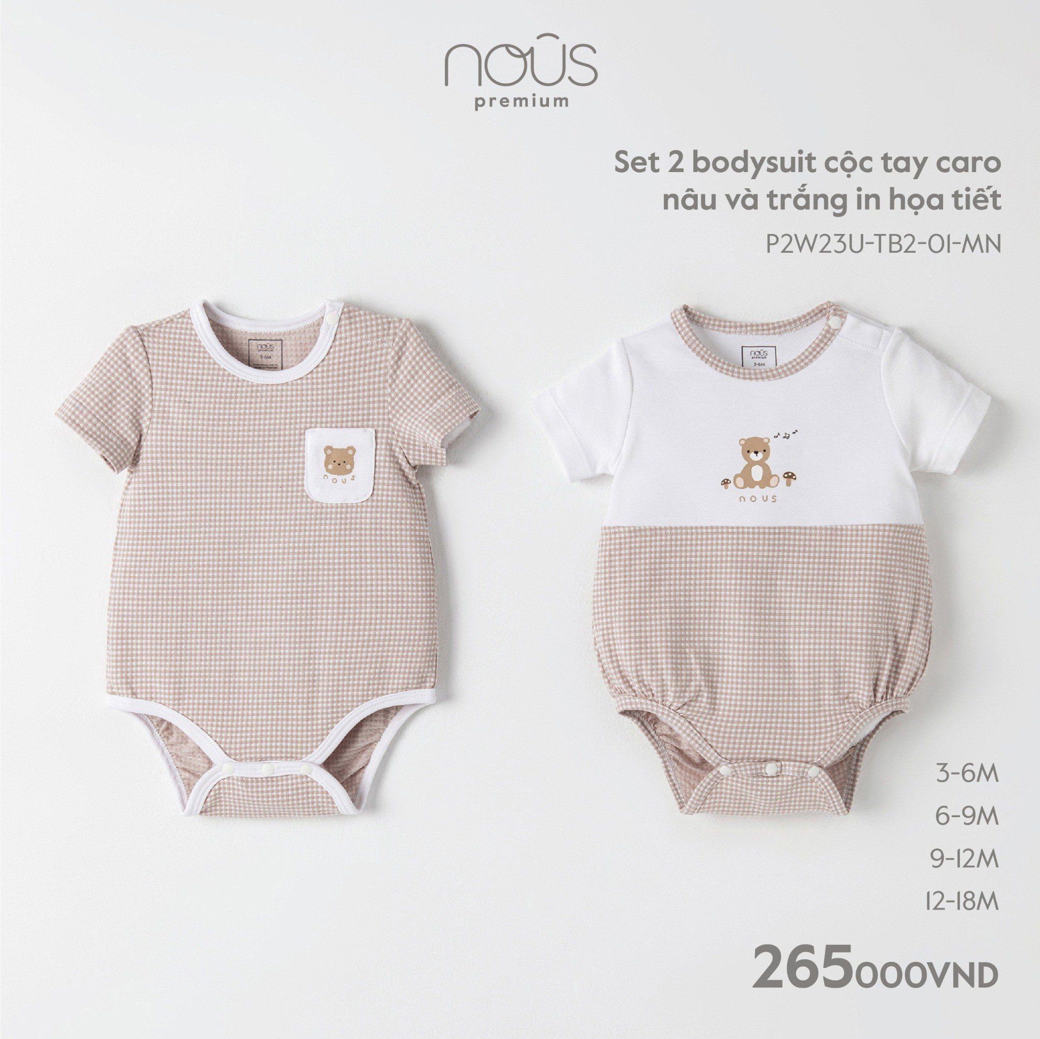  Set 2 bodysuit Nous cộc tay caro nâu và trắng in họa tiết 