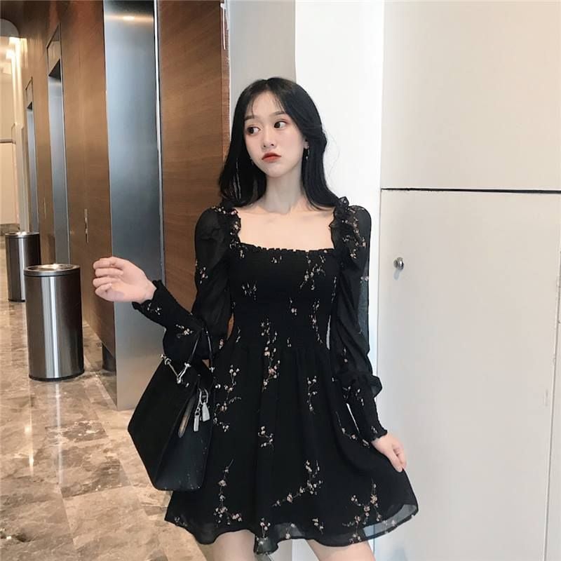 Đầm suông cổ vuông tay cánh tiên phối chân váy voan hoa màu đen  Sỉ quần  áo giá rẻ