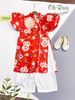 Áo dài gấm hoa đỏ phối quần trắng oli river H366-1
