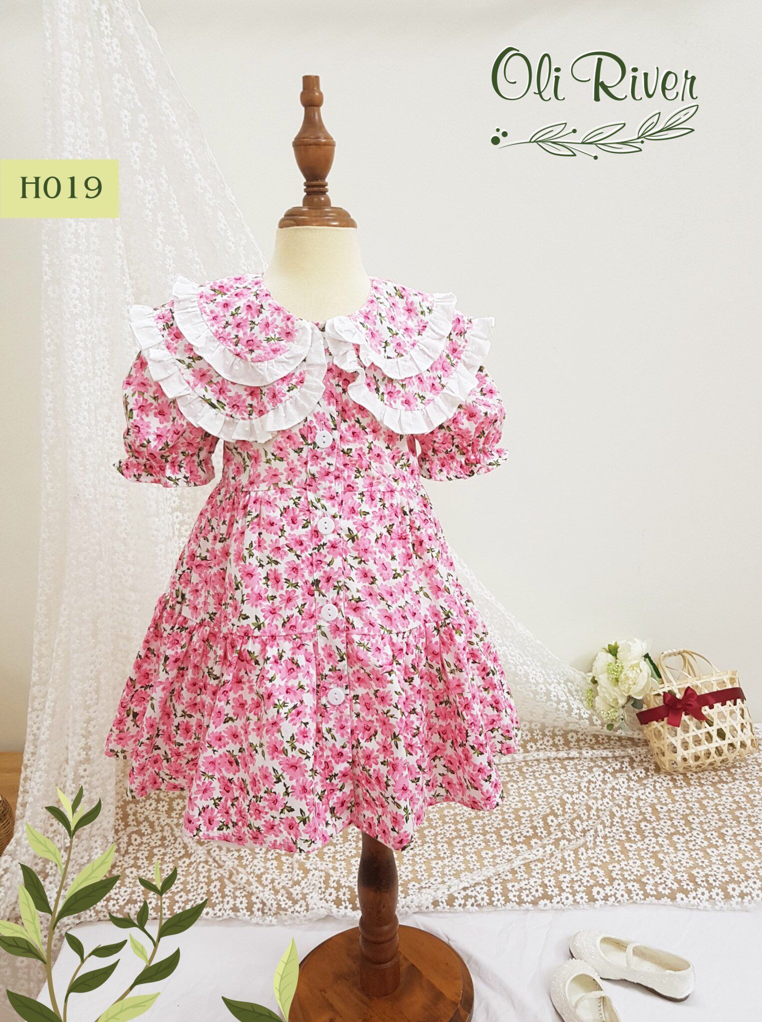  Váy bé gái xanh hoa hồng oli river H019-1 - ODZ254 