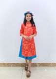  Bộ áo dài bé gái gấm lụa đỏ họa tiết rồng váy xanh - GAD029 