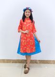 Bộ áo dài bé gái gấm lụa đỏ họa tiết rồng váy xanh - GAD029 