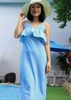 Đầm maxi hai dây bèo ngực chấm bi xanh nữ