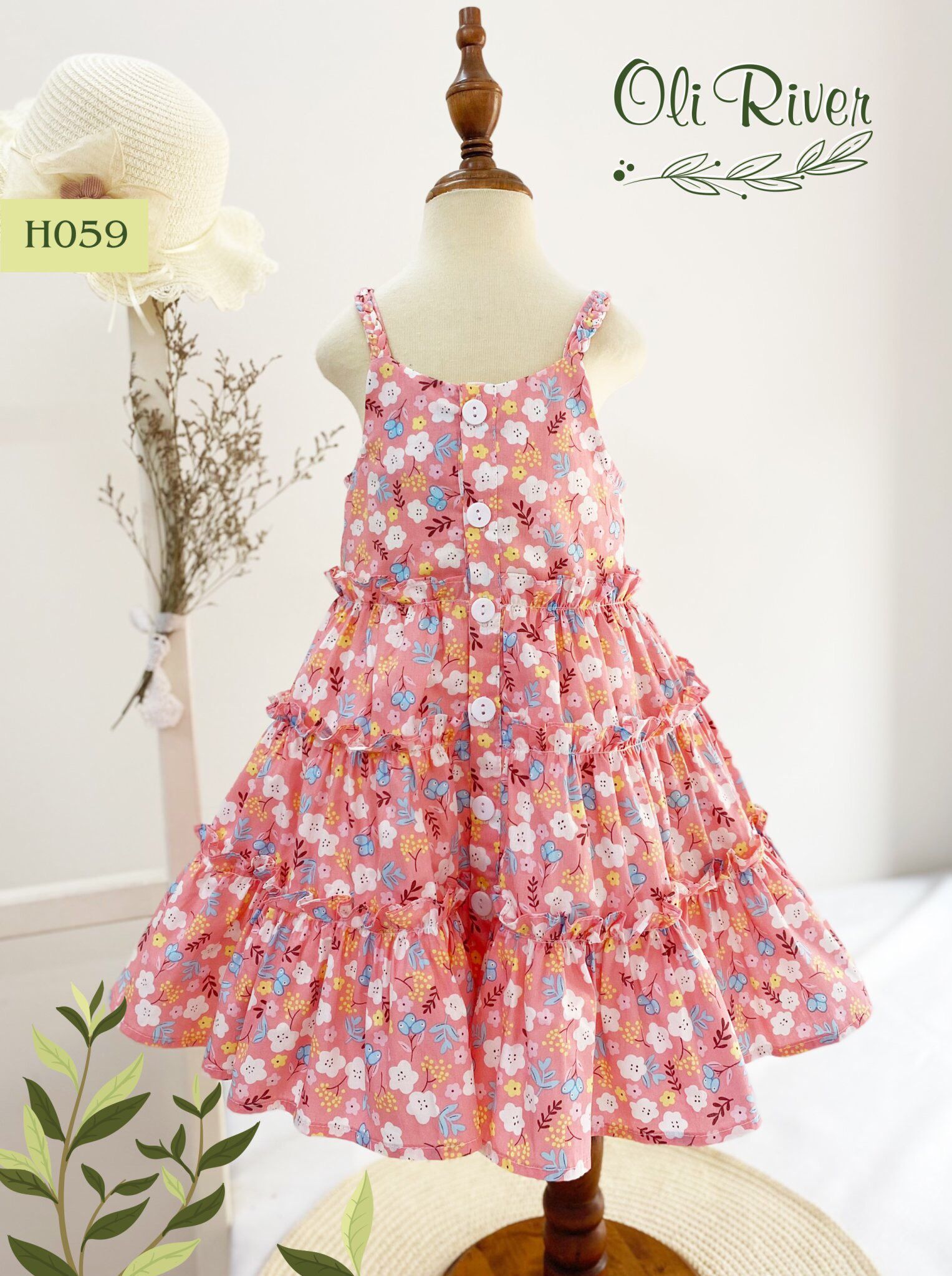  Váy đầm tầng hai dây hoa hồng phối cúc ngực trắng oli river H059-7 - ODZ331 