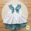 Đồ bộ cộc tay bé gái hoa hồng trắng phối quần đũi xanh oli river H012-3
