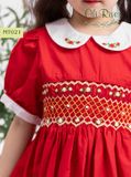  Váy đầm smock đỏ phối cổ trắng thêu 3 bông hoa MT021 - ODZ522 