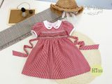  Váy smock caro đỏ phối thêu cổ trắng, tay bo HT025 - ODZ531 