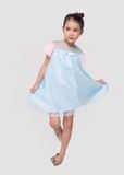  Đầm dập li tay phồng xanh phối hồng - DTG040 