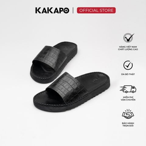Dép nam quai ngang da bò thật chống trượt KAKAPO DB003 Quai Đen Vằn, - Kèm Hộp đựng cao cấp, Bảo hành 12 tháng