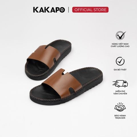 Dép nam quai ngang da bò thật KAKAPO DB004 Quai H Nâu - Hộp đựng cao cấp, Bảo hành 12 tháng