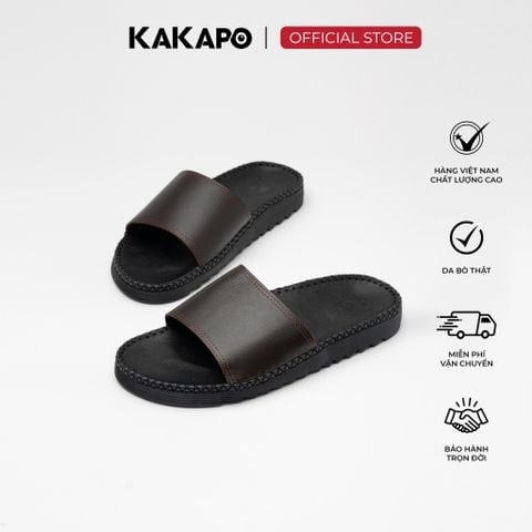Dép nam quai ngang da bò thật KAKAPO DB005 Quai NÂU TRƠN - Hộp đựng cao cấp, Bảo hành 12 tháng