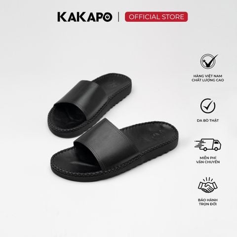 Dép nam quai ngang da bò thật KAKAPO DB006 Quai ĐEN TRƠN - Hộp đựng cao cấp, Bảo hành 12 tháng