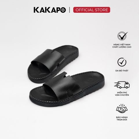 Dép nam quai ngang da bò thật KAKAPO DB007 Quai V ĐEN -Chống trơn trượt, Hộp đựng cao cấp, Bảo hành 12 tháng