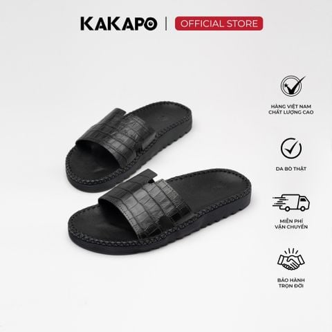 Dép nam quai ngang da bò thật KAKAPO DB008 Quai ĐEN VẰN - Chống trơn trượt, Hộp đựng cao cấp, Bảo hành 12 tháng